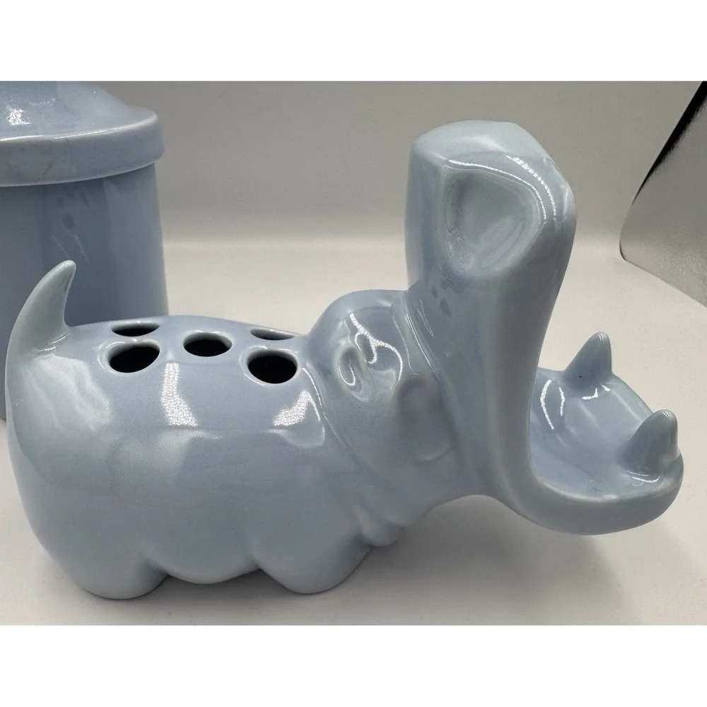 Vintage Blue Ceramic‎ Hippo Soap Toothbrush pen card Holder Cup Animal Bathroom
